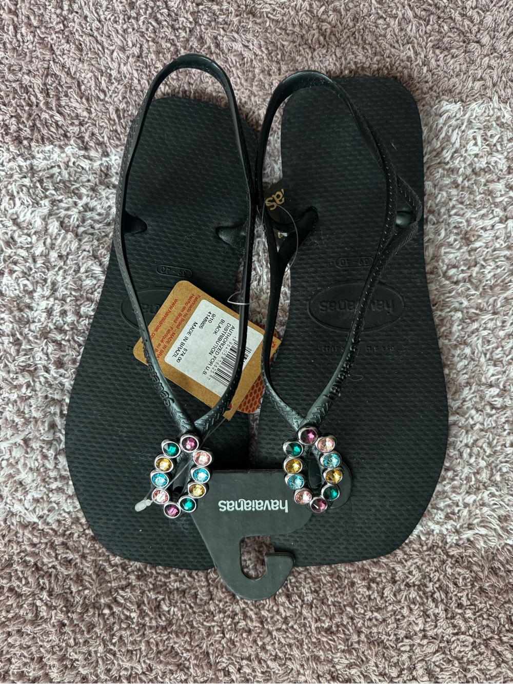 Havaianas Black Flip Flops with Multicolor Gem Embellishments